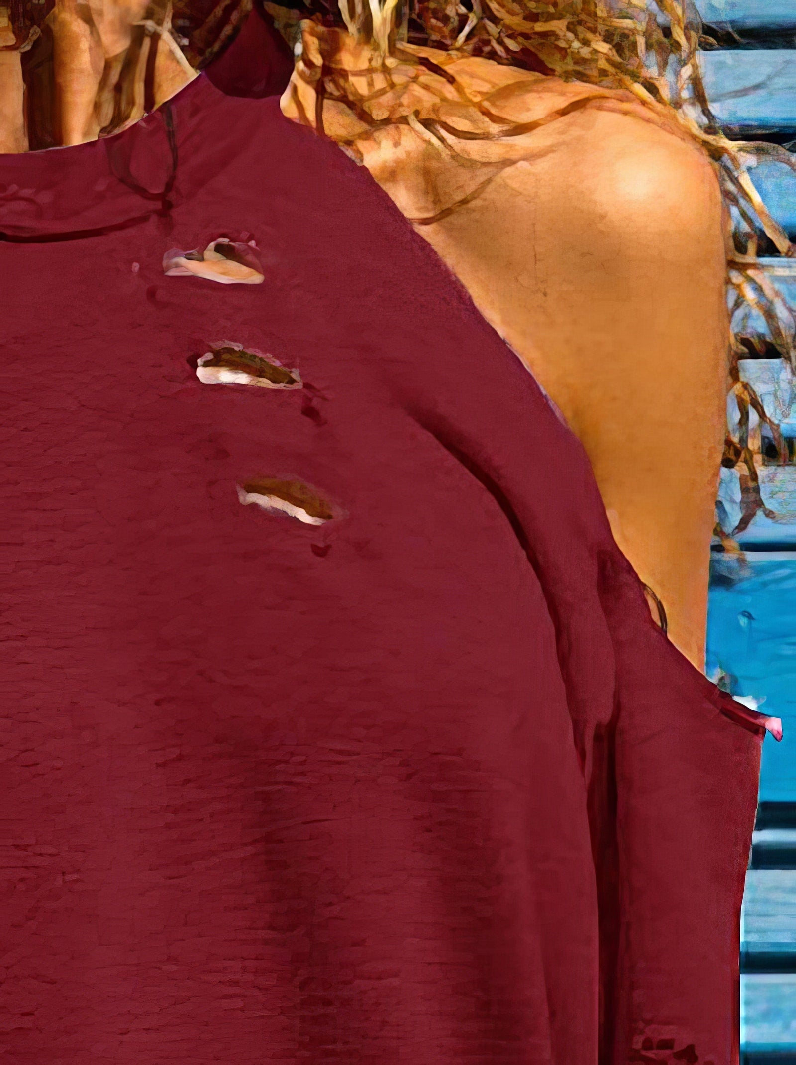 Open Shoulder Distressed Long Sleeve Top