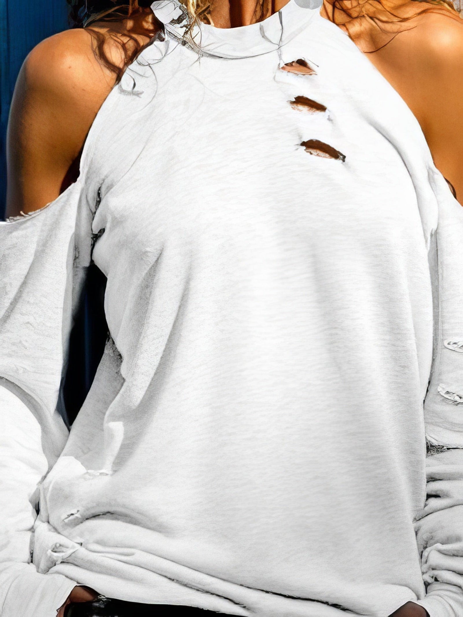 Open Shoulder Distressed Long Sleeve Top