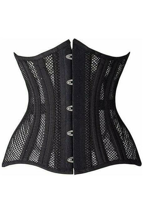 Top Drawer Black Fishnet Double Steel Boned Curvy Cut Waist Cincher Corset