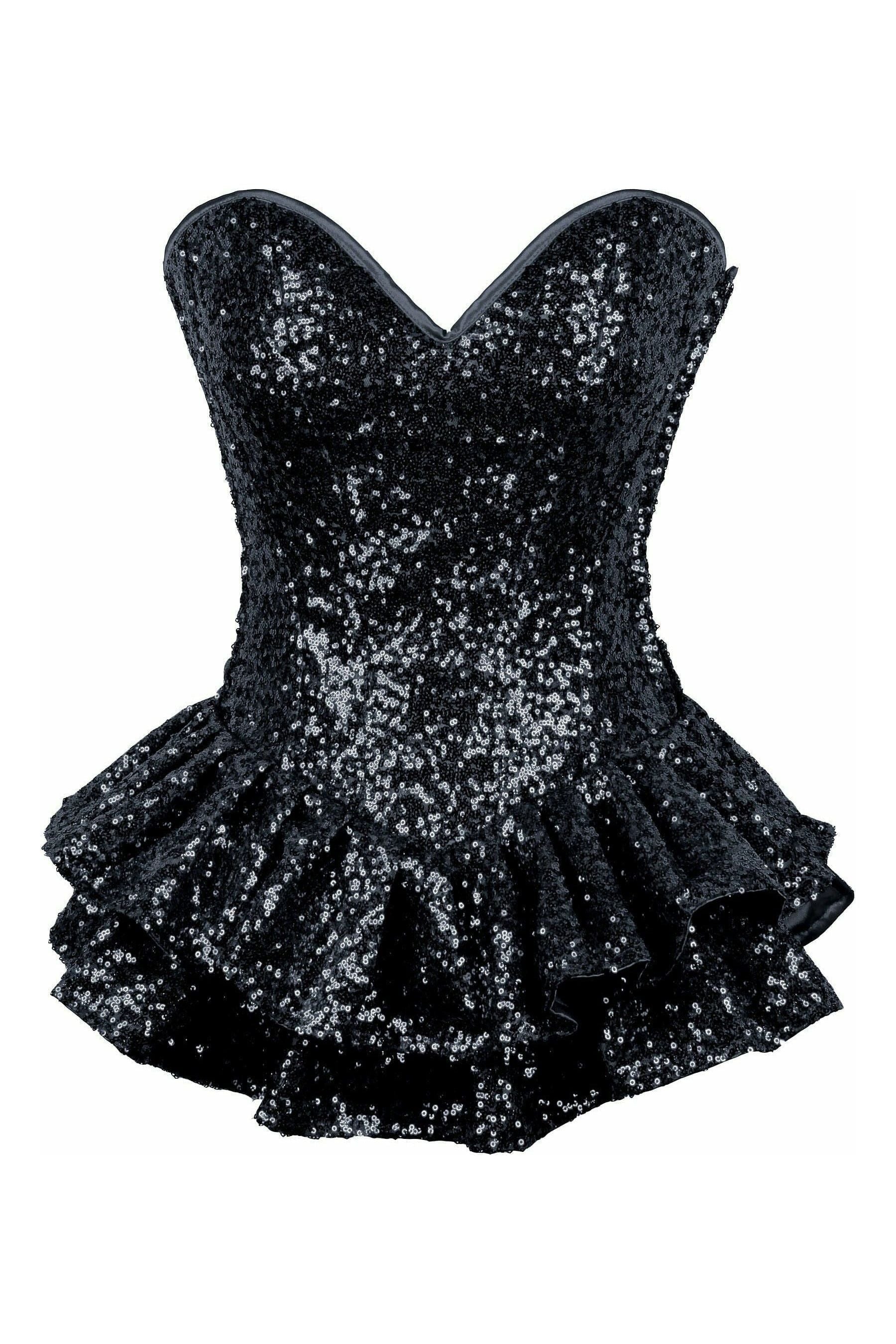 Top Drawer Black Sequin Steel Boned Mini Corset Dress