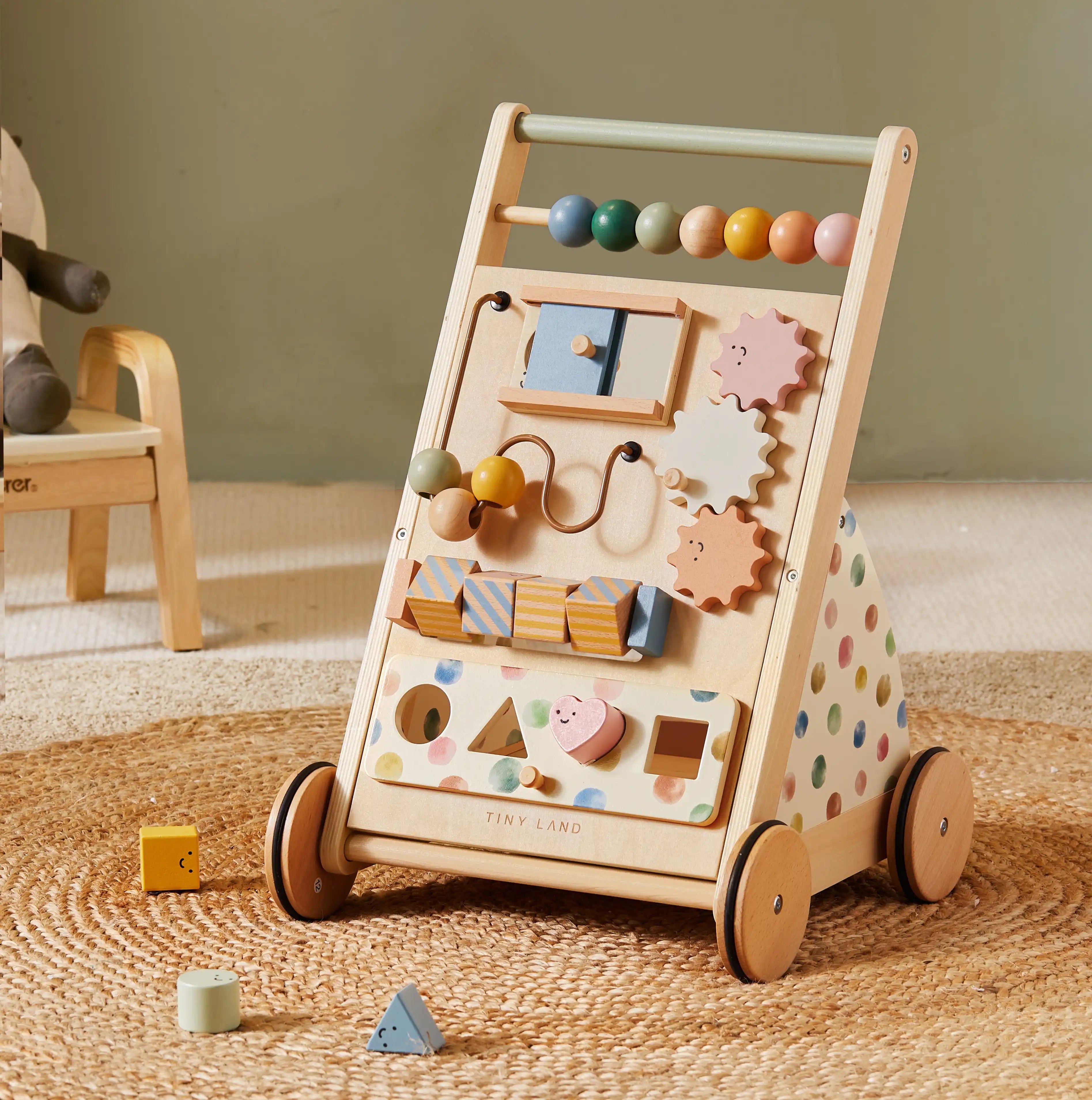 Tiny Land Baby Push Walker, Wooden Baby Walker for Girls, Adjustable Speed Walkers for Baby Boys, Montessori Walker Toy, Baby Activity Center, Push Toys for Kids Development (Morandi)