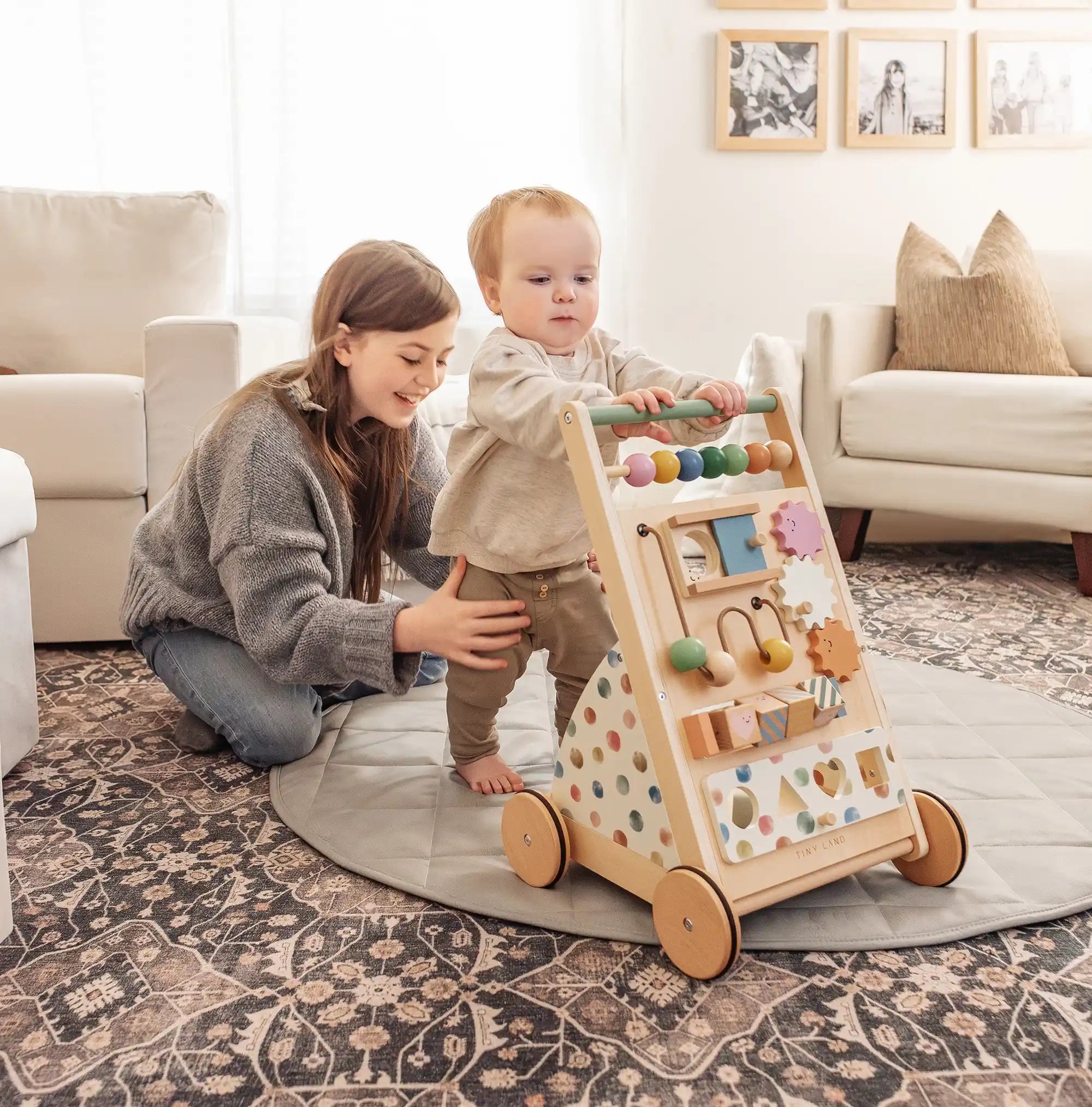 Tiny Land Baby Push Walker, Wooden Baby Walker for Girls, Adjustable Speed Walkers for Baby Boys, Montessori Walker Toy, Baby Activity Center, Push Toys for Kids Development (Morandi)