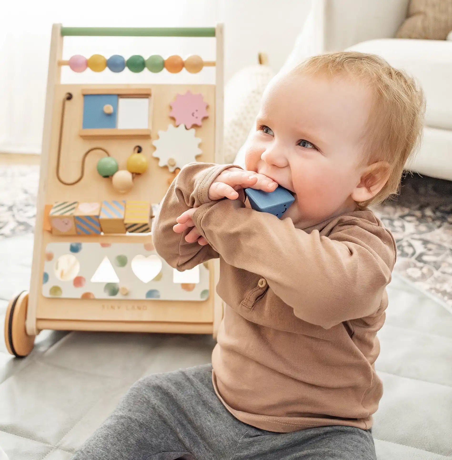 Tiny Land Baby Push Walker, Wooden Baby Walker for Girls, Adjustable Speed Walkers for Baby Boys, Montessori Walker Toy, Baby Activity Center, Push Toys for Kids Development (Morandi)