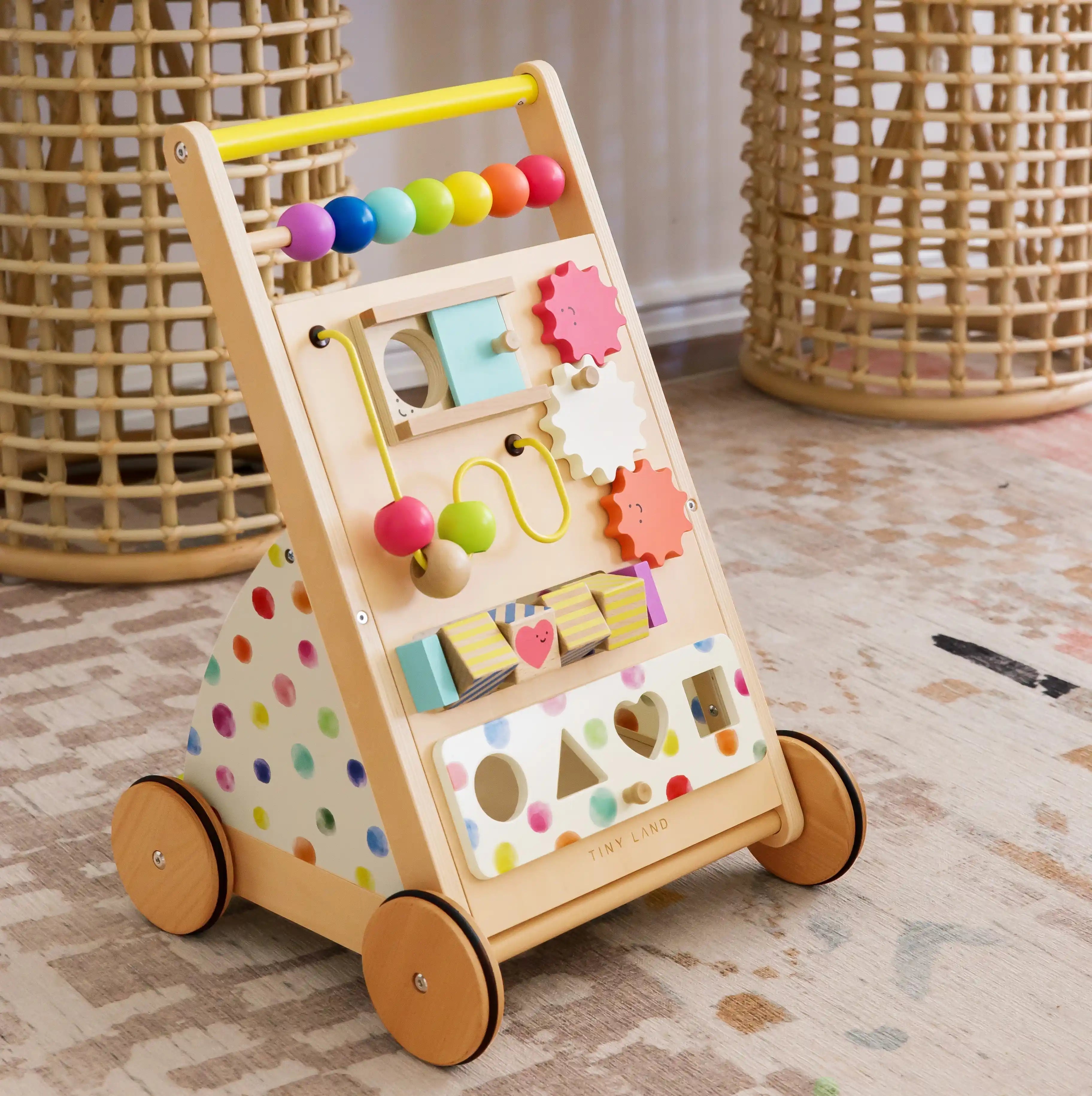 Tiny Land Baby Push Walker, Wooden Baby Walker for Girls, Adjustable Speed Walkers for Baby Boys, Montessori Walker Toy, Baby Activity Center, Push Toys for Kids Development (Rainbow)