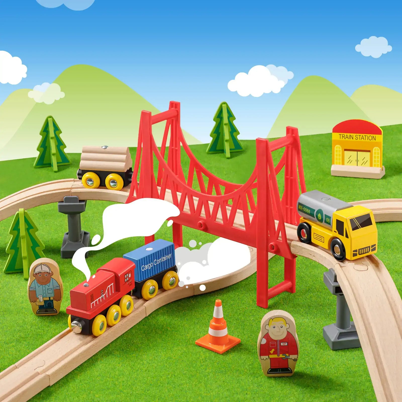 Tiny Land Wooden Track Trains 55 Pcs