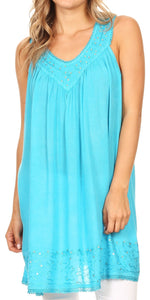Sakkas Rita Womens Picot Trim V Neck Tank Blouse With Seqins And Embroidery