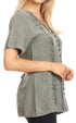 Sakkas Estella Womens Short Sleeve V neck Button Down Top Blouse with Embroidery