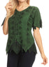 Sakkas Emma Womens Stonewashed V neck Short Sleeve Blouse Top Crochet Button Down