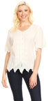 Sakkas Emma Womens Stonewashed V neck Short Sleeve Blouse Top Crochet Button Down
