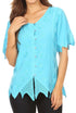 Sakkas Emma Womens Stonewashed V neck Short Sleeve Blouse Top Crochet Button Down