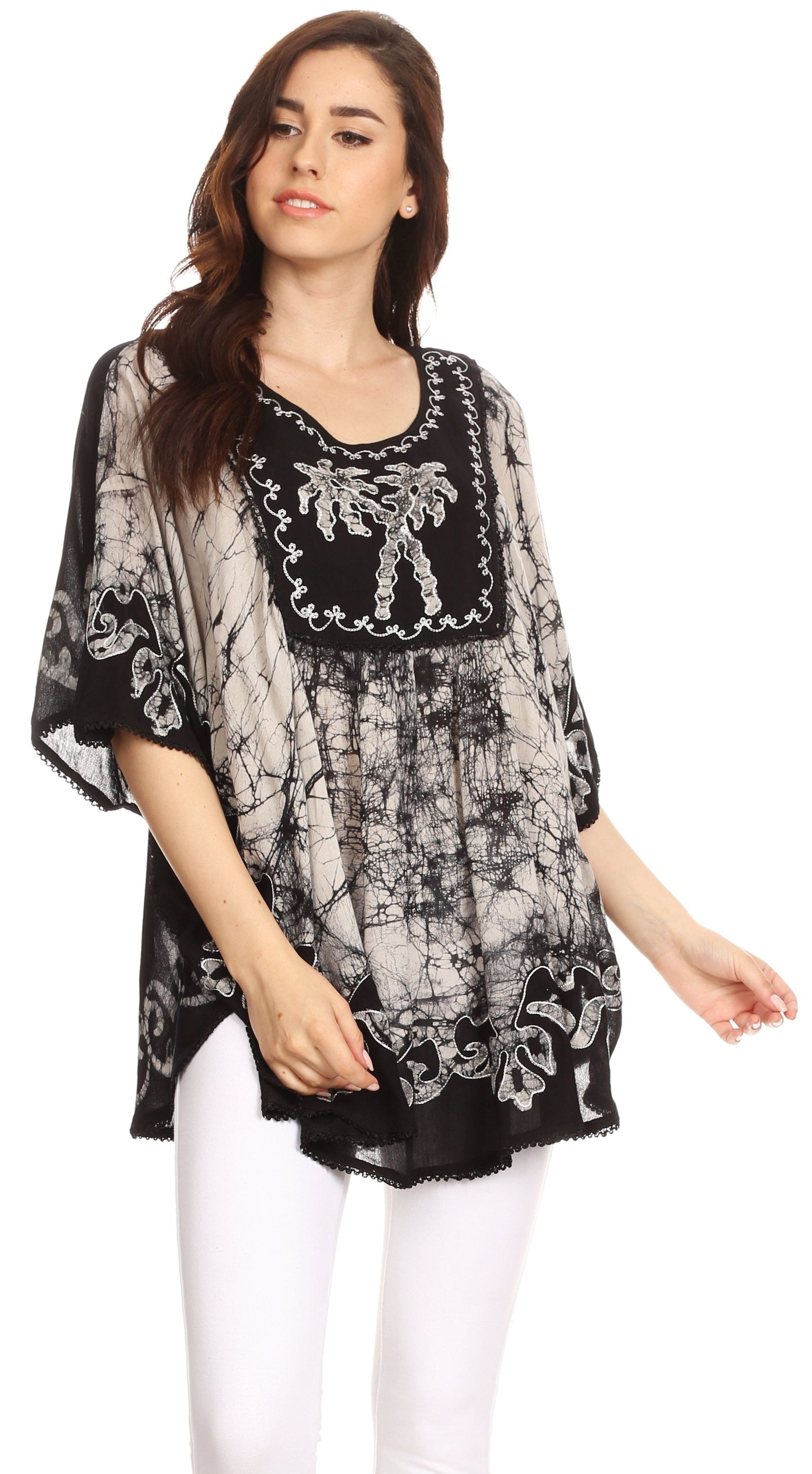 Sakkas Lynda - Poncho campesino con bordado batik de dos tonos y palmeras