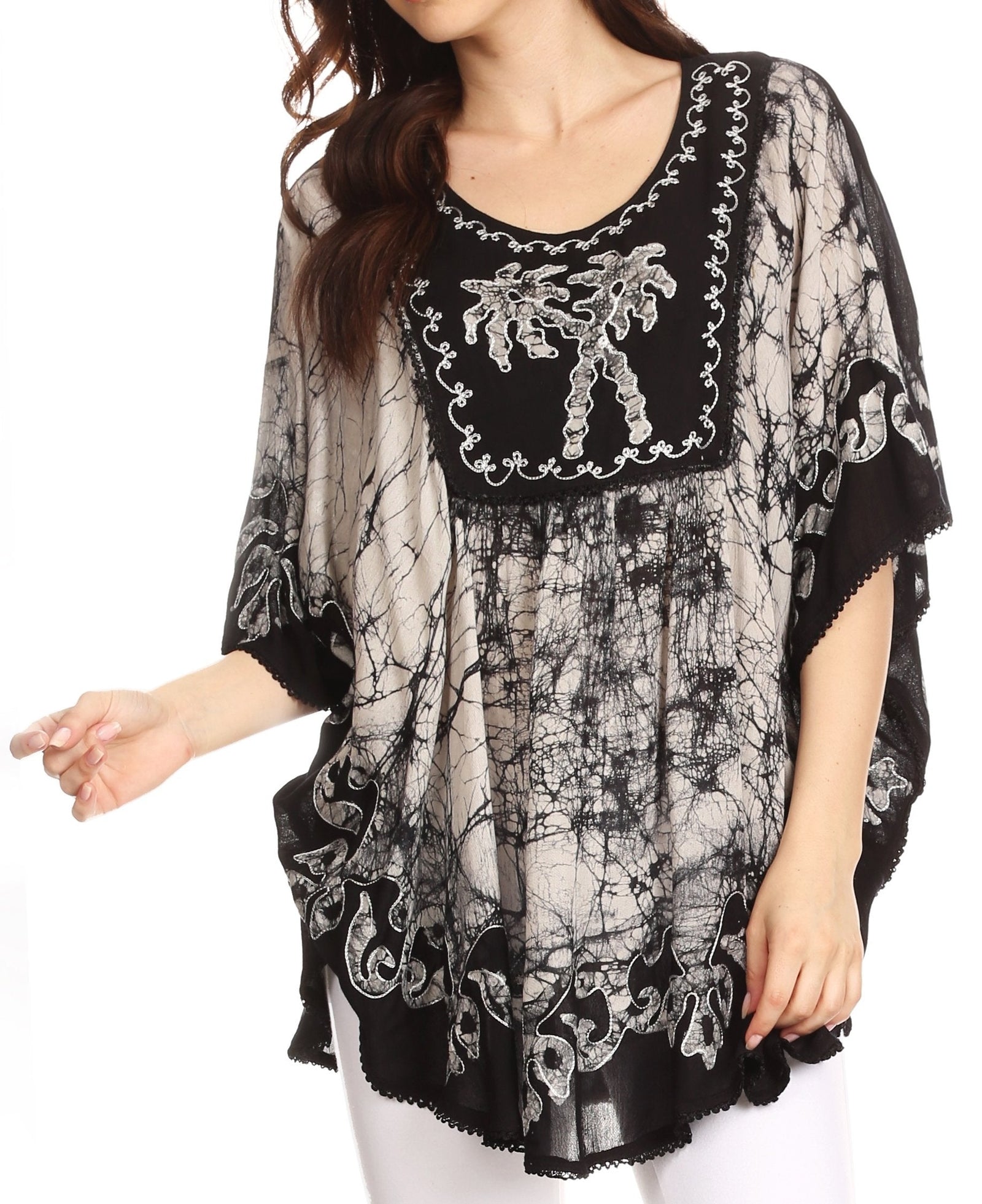 Sakkas Lynda - Poncho campesino con bordado batik de dos tonos y palmeras