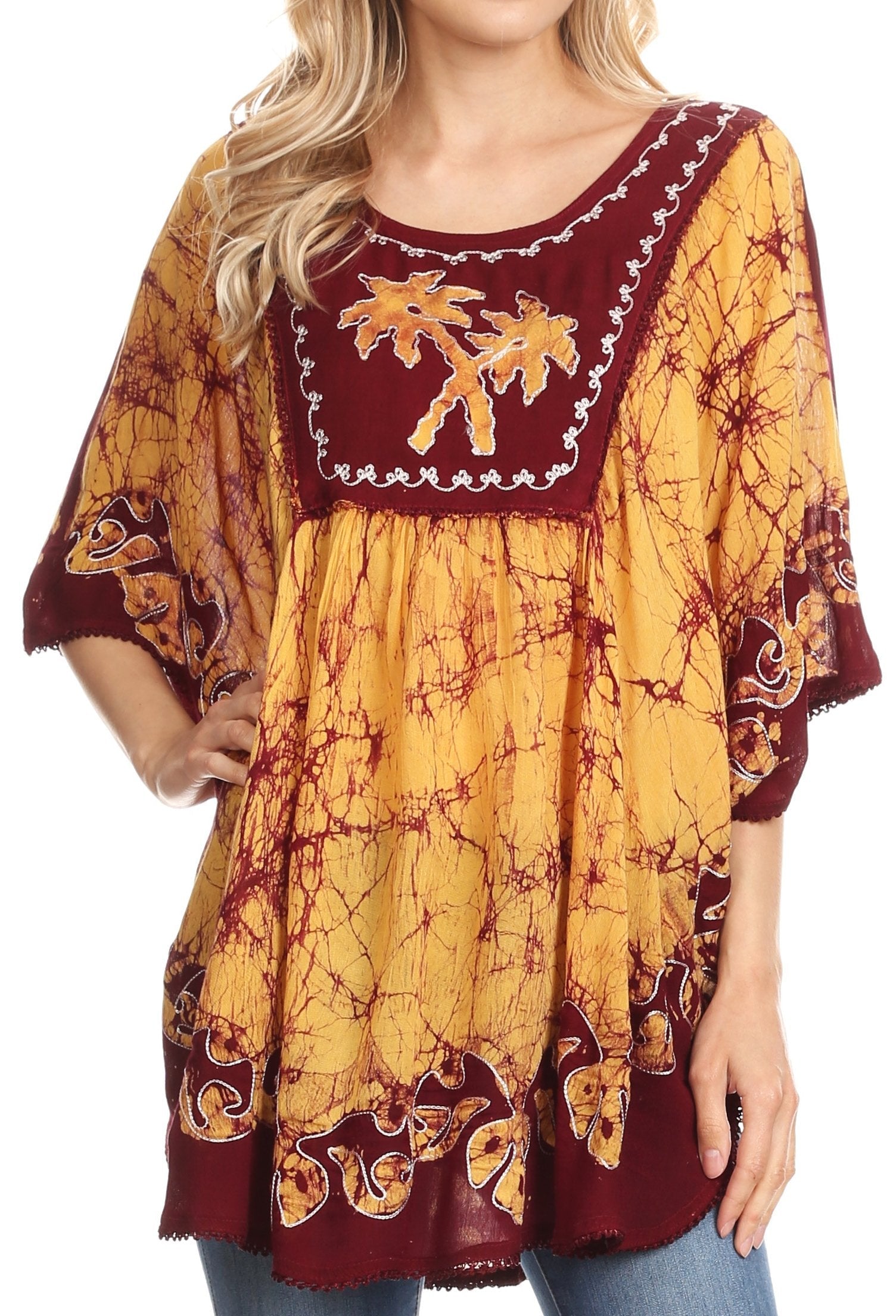Sakkas Lynda - Poncho campesino con bordado batik de dos tonos y palmeras