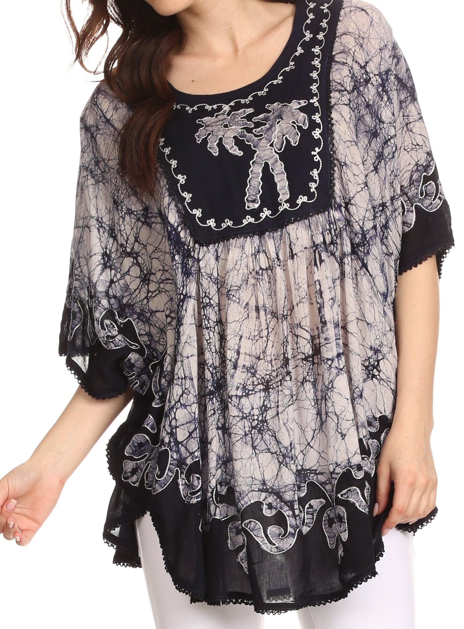 Sakkas Lynda - Poncho campesino con bordado batik de dos tonos y palmeras
