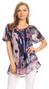 Sakkas Celia Marble Batik Short Sleeve Blouse/Top with Embroidery and Crochet