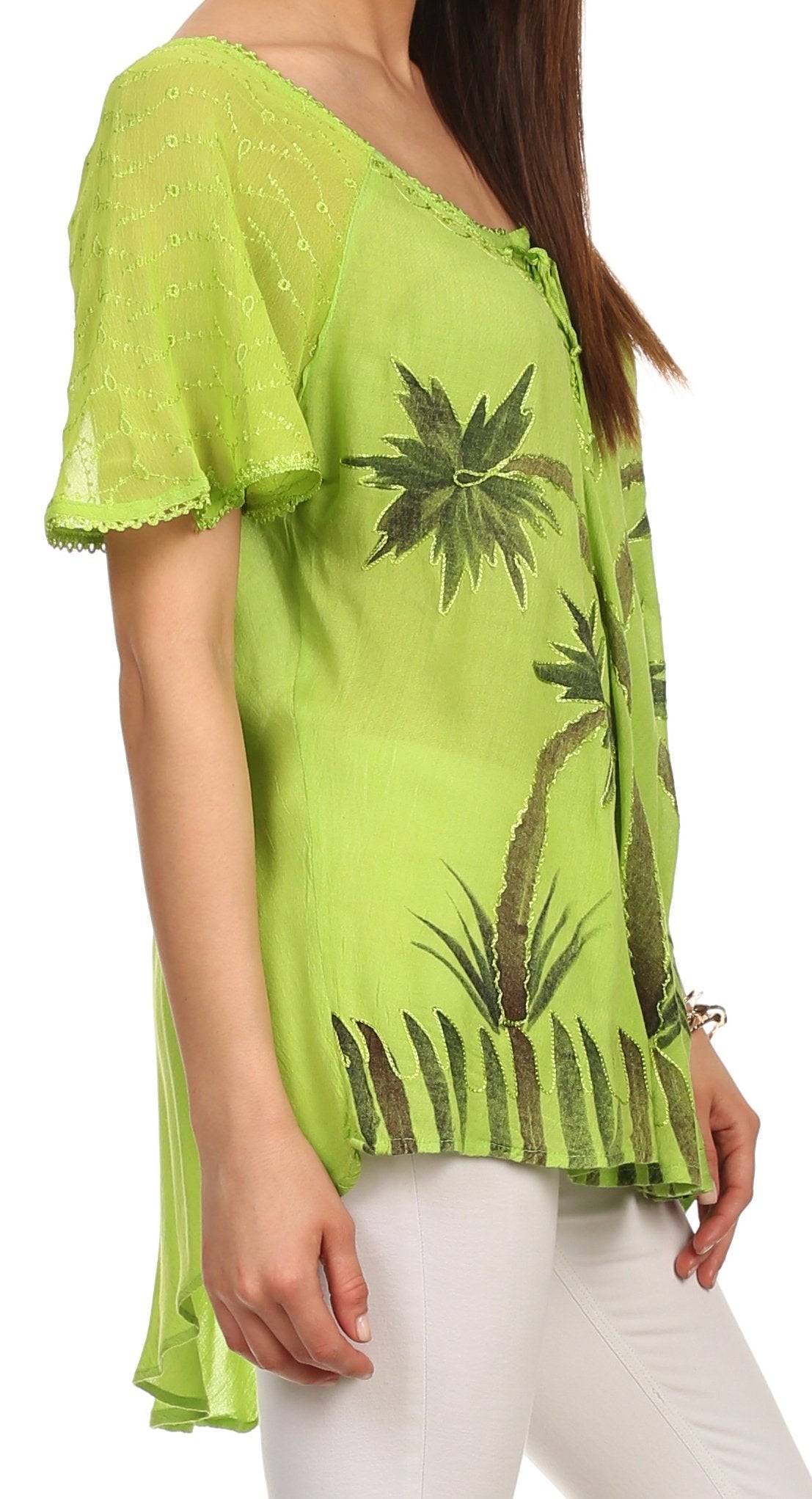 Sakkas Albina Island Blusa / Top con mangas casquillo y bordado de ajuste relajado