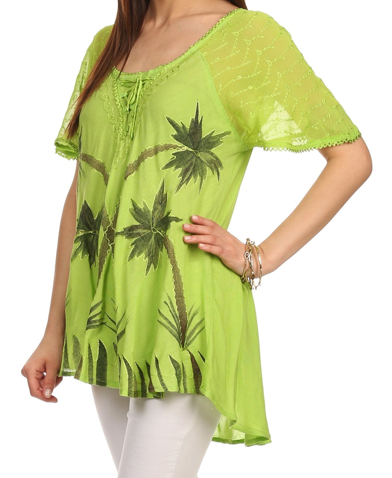 Sakkas Albina Island Blusa / Top con mangas casquillo y bordado de ajuste relajado