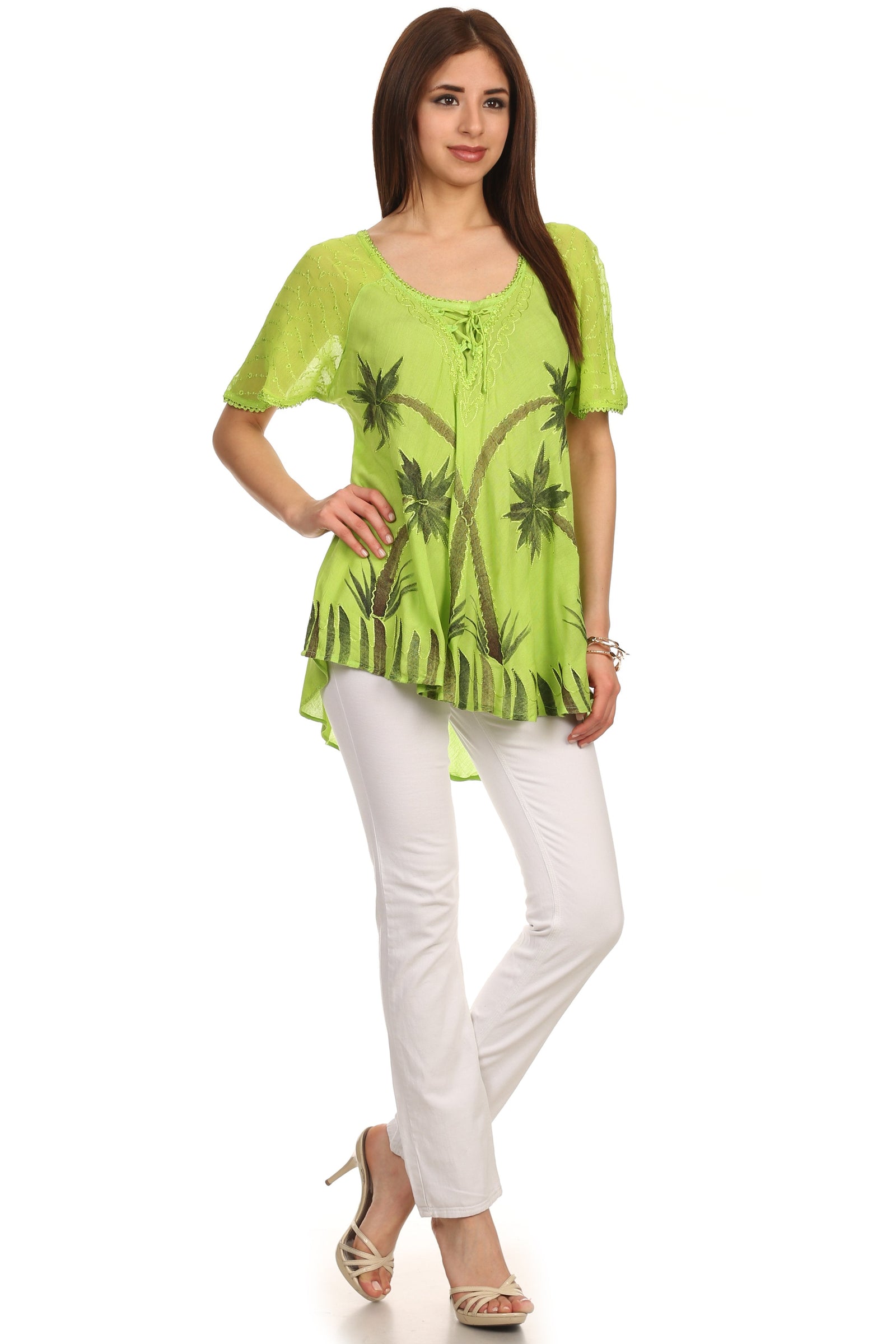 Sakkas Albina Island Blusa / Top con mangas casquillo y bordado de ajuste relajado