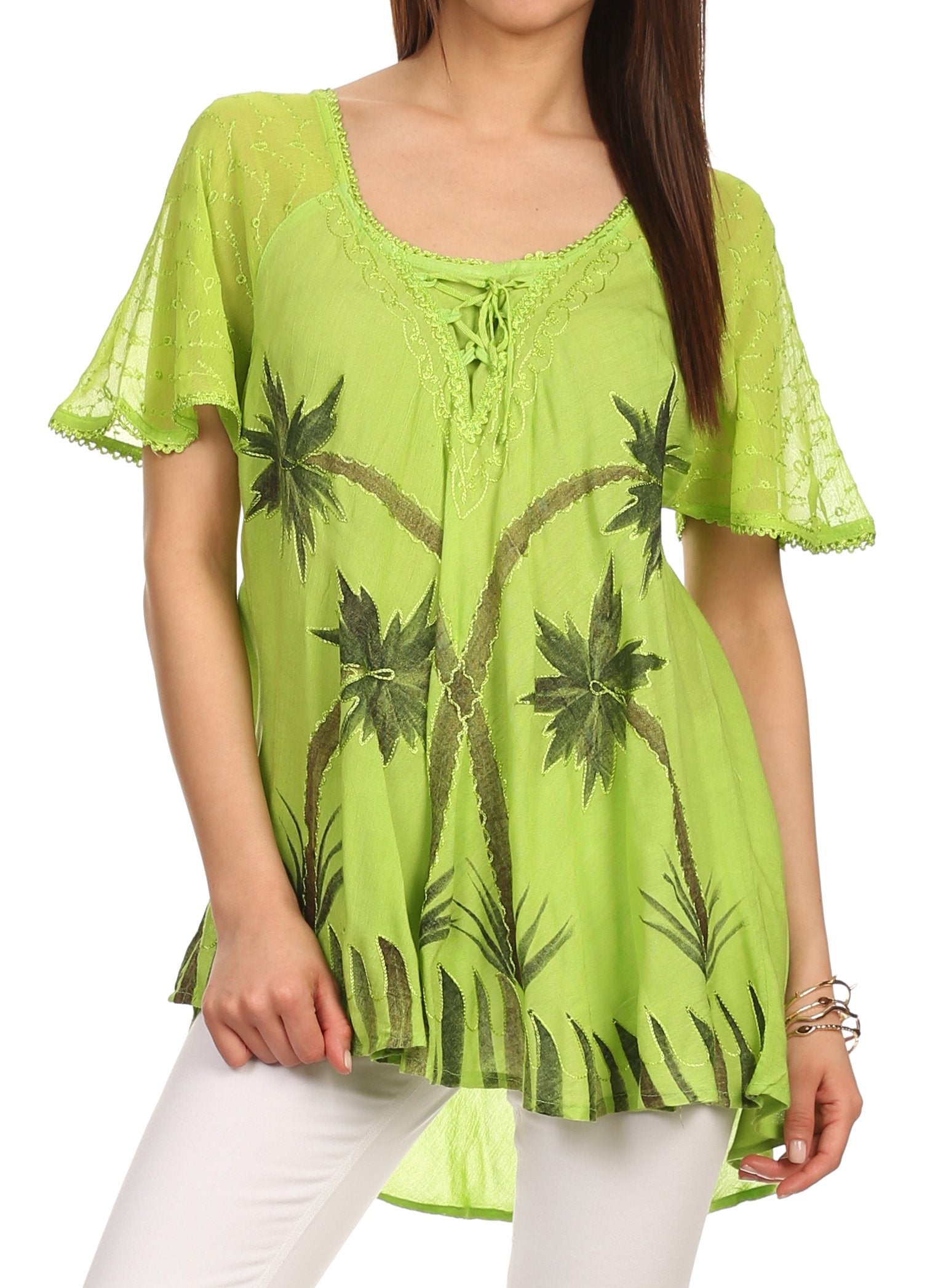 Sakkas Albina Island Blusa / Top con mangas casquillo y bordado de ajuste relajado
