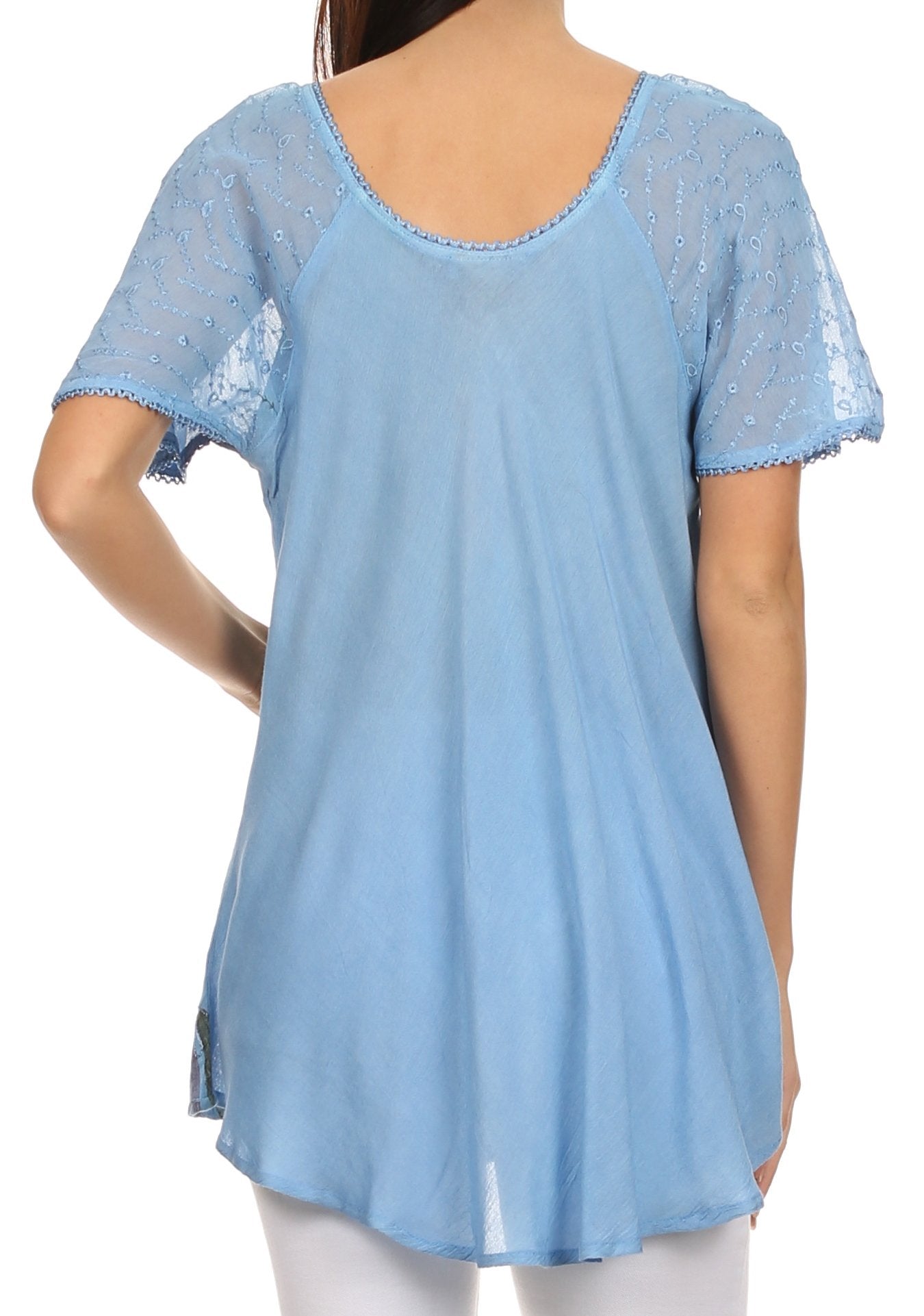 Sakkas Albina Island Blusa / Top con mangas casquillo y bordado de ajuste relajado