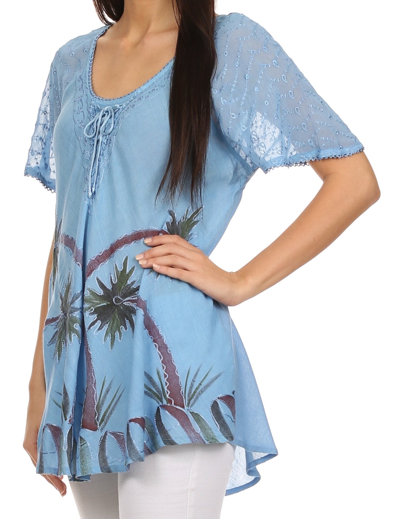 Sakkas Albina Island Blusa / Top con mangas casquillo y bordado de ajuste relajado