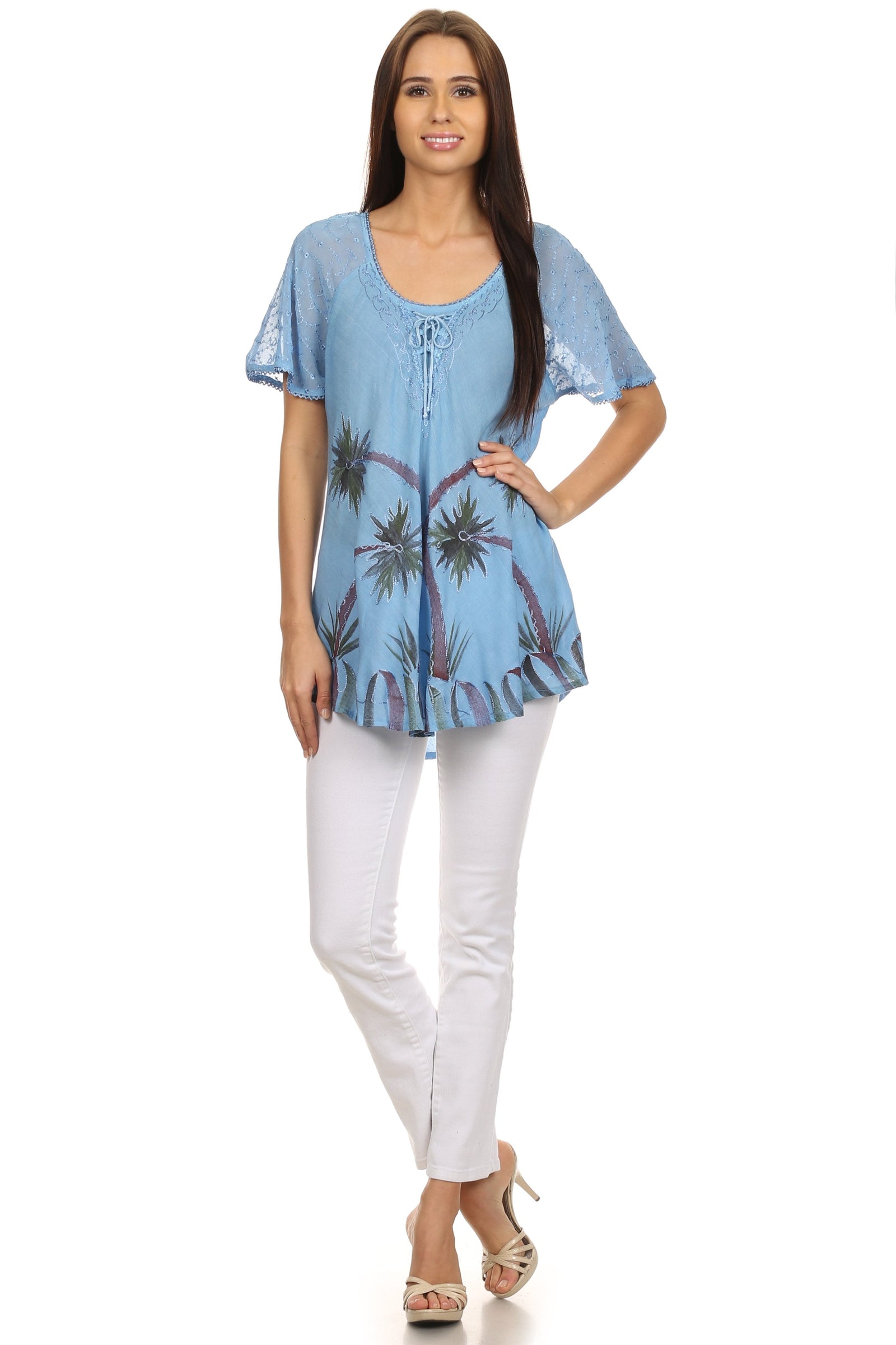 Sakkas Albina Island Blusa / Top con mangas casquillo y bordado de ajuste relajado