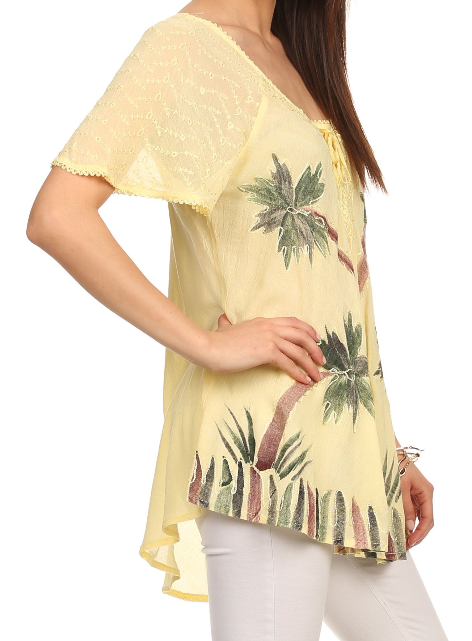 Sakkas Albina Island Blusa / Top con mangas casquillo y bordado de ajuste relajado