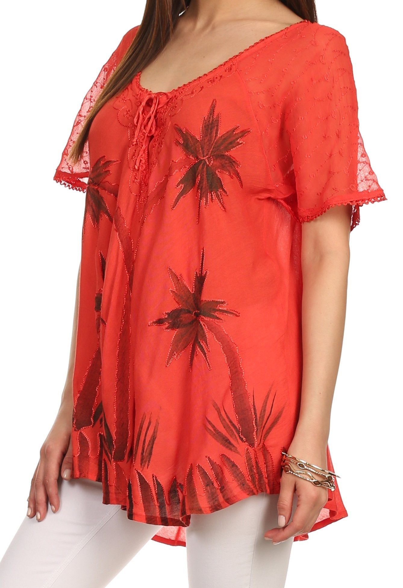Sakkas Albina Island Blusa / Top con mangas casquillo y bordado de ajuste relajado