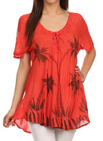 Sakkas Albina Island Blusa / Top con mangas casquillo y bordado de ajuste relajado