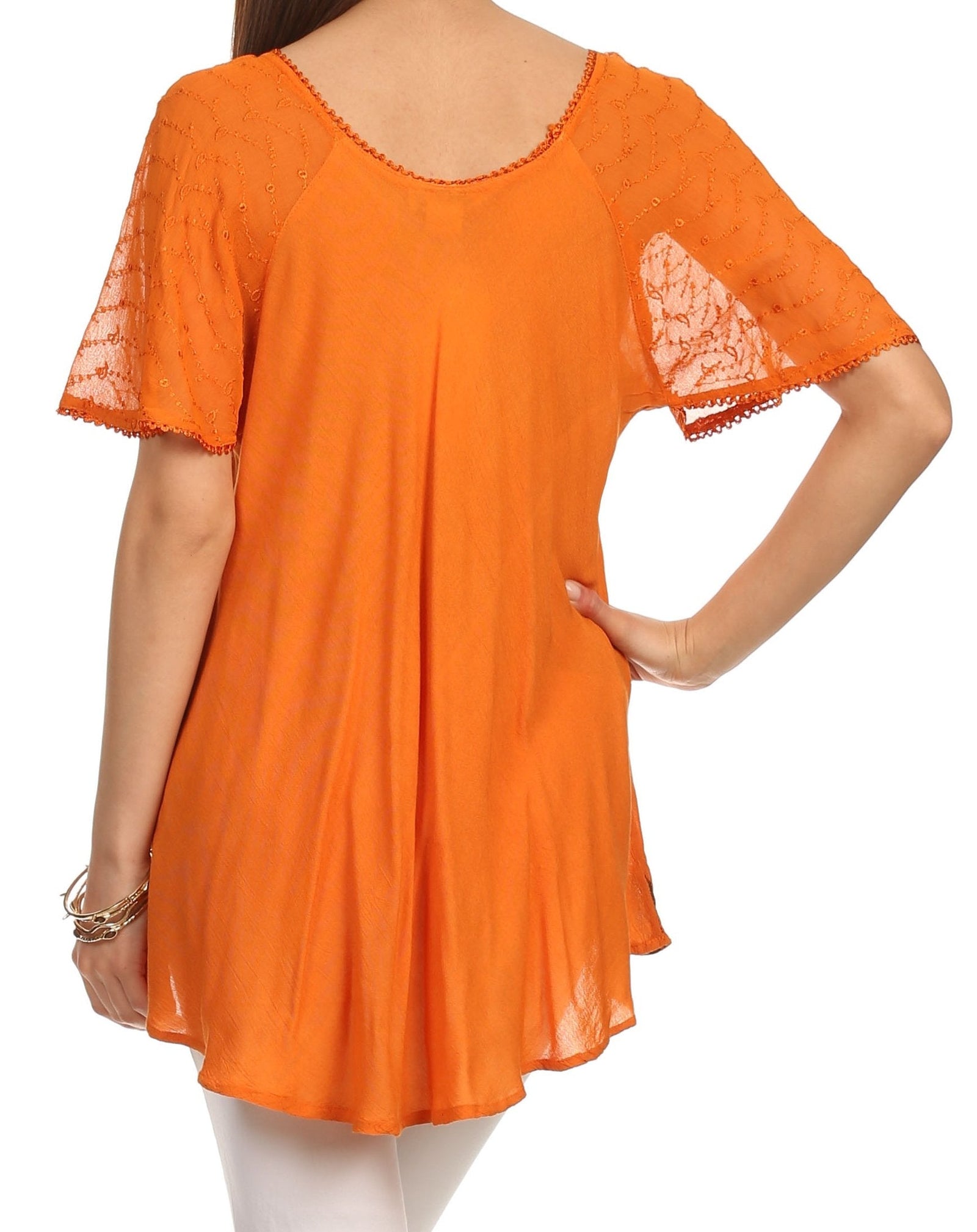 Sakkas Albina Island Blusa / Top con mangas casquillo y bordado de ajuste relajado