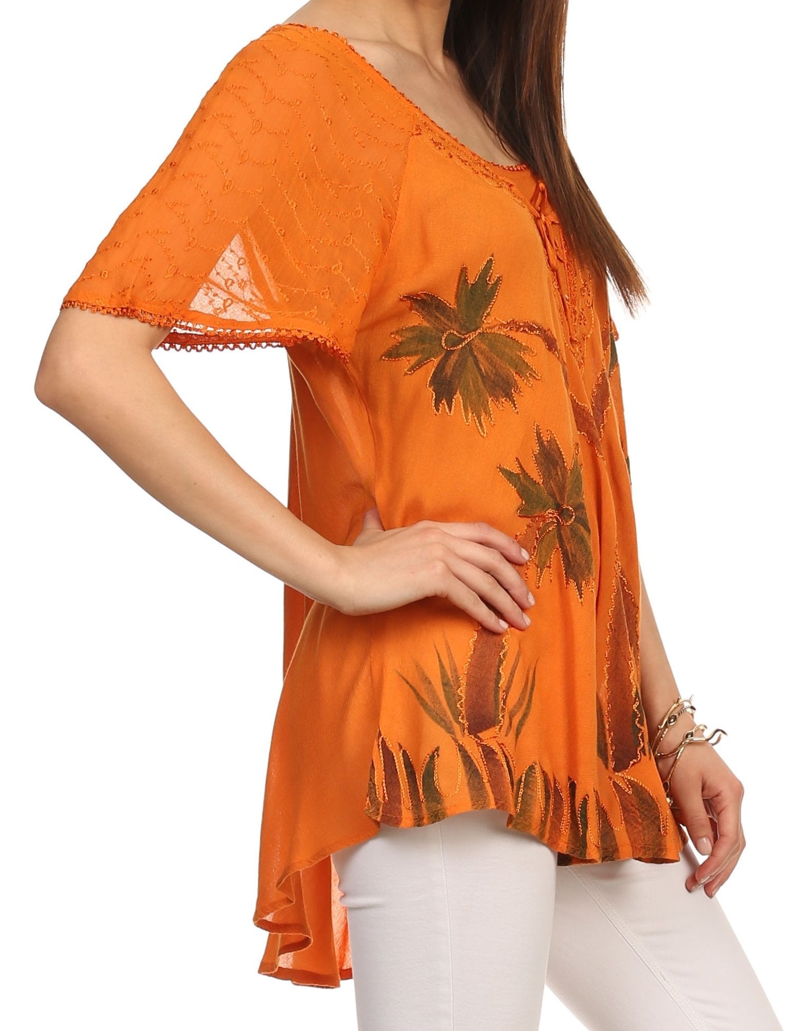 Sakkas Albina Island Blusa / Top con mangas casquillo y bordado de ajuste relajado