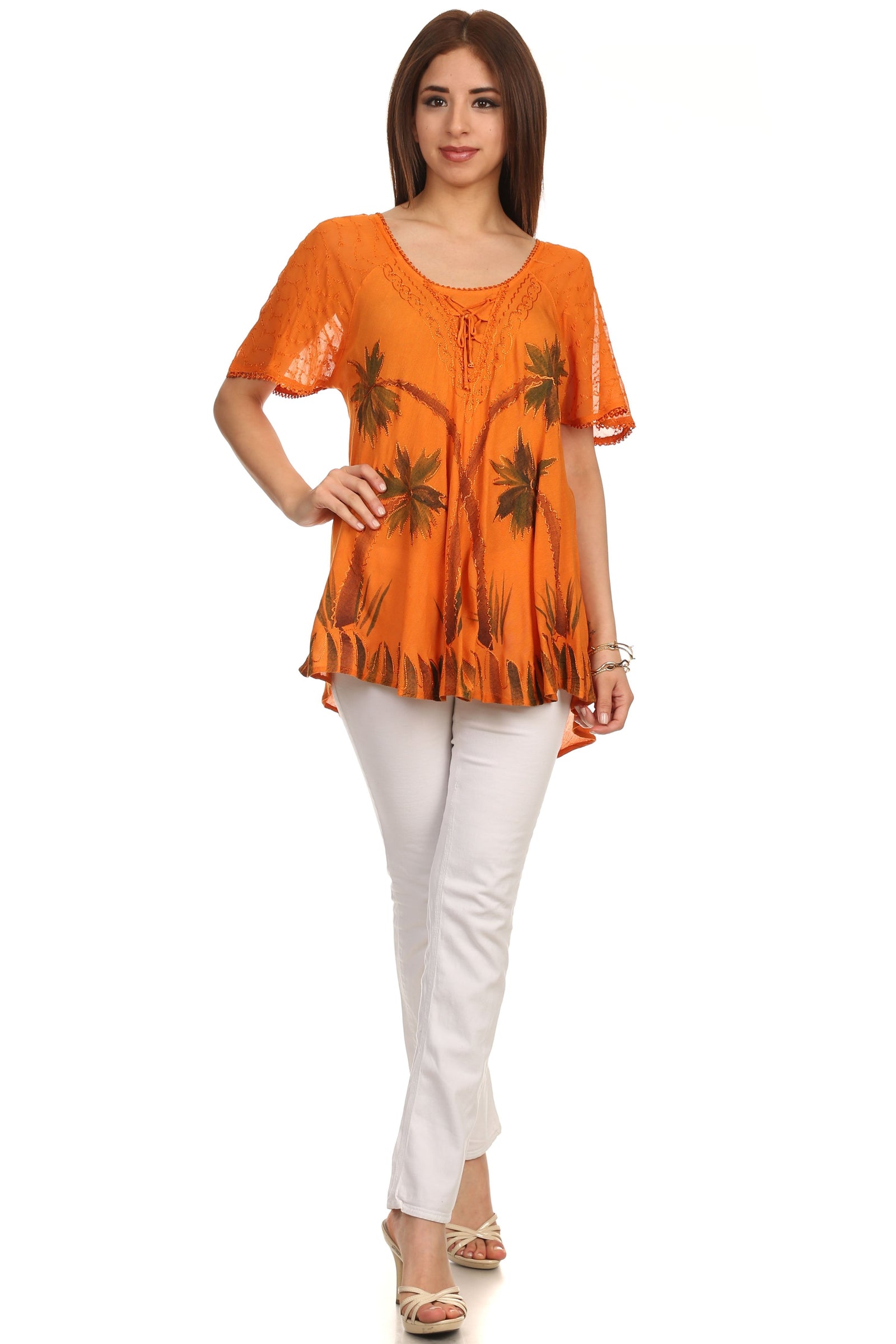Sakkas Albina Island Blusa / Top con mangas casquillo y bordado de ajuste relajado