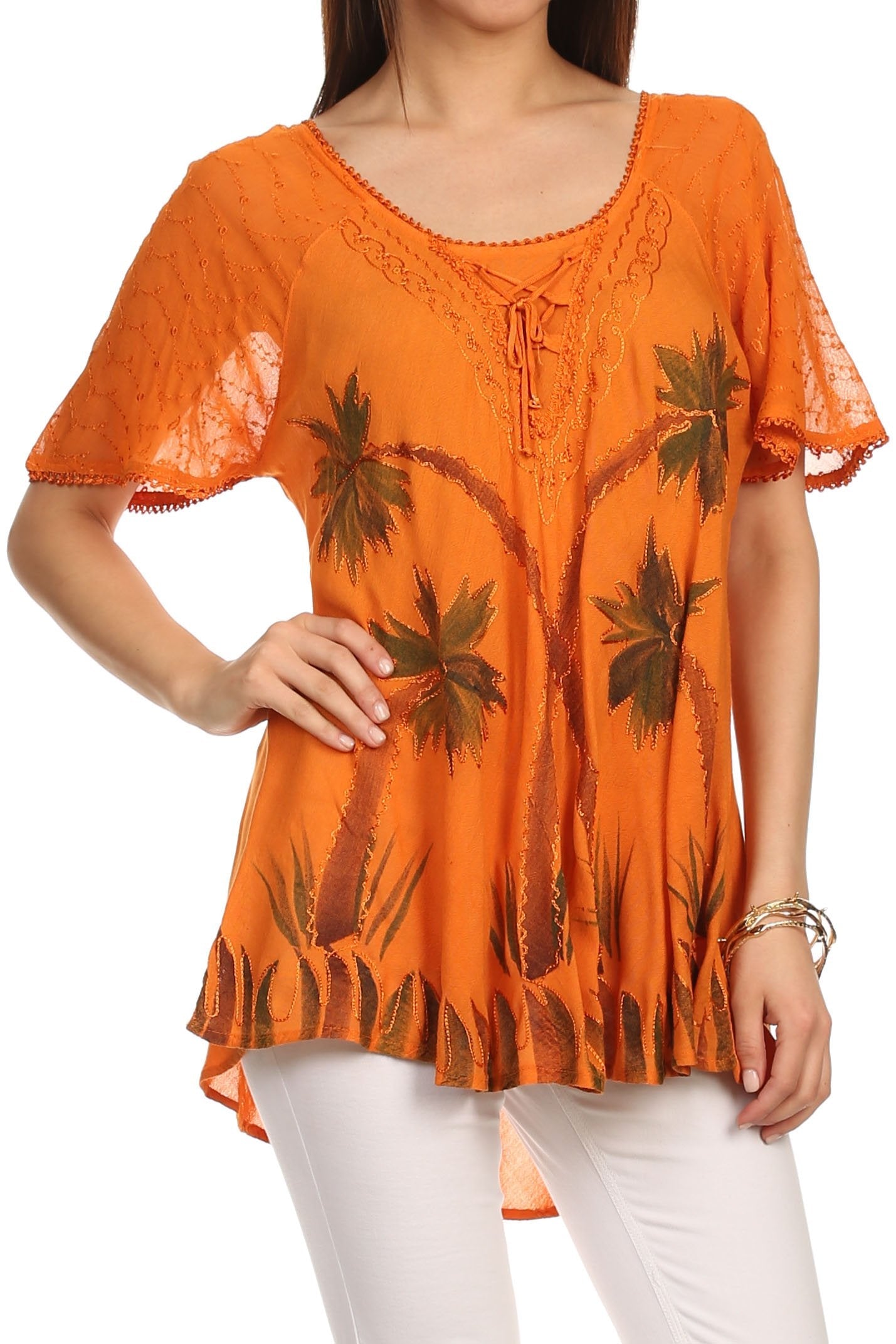 Sakkas Albina Island Blusa / Top con mangas casquillo y bordado de ajuste relajado
