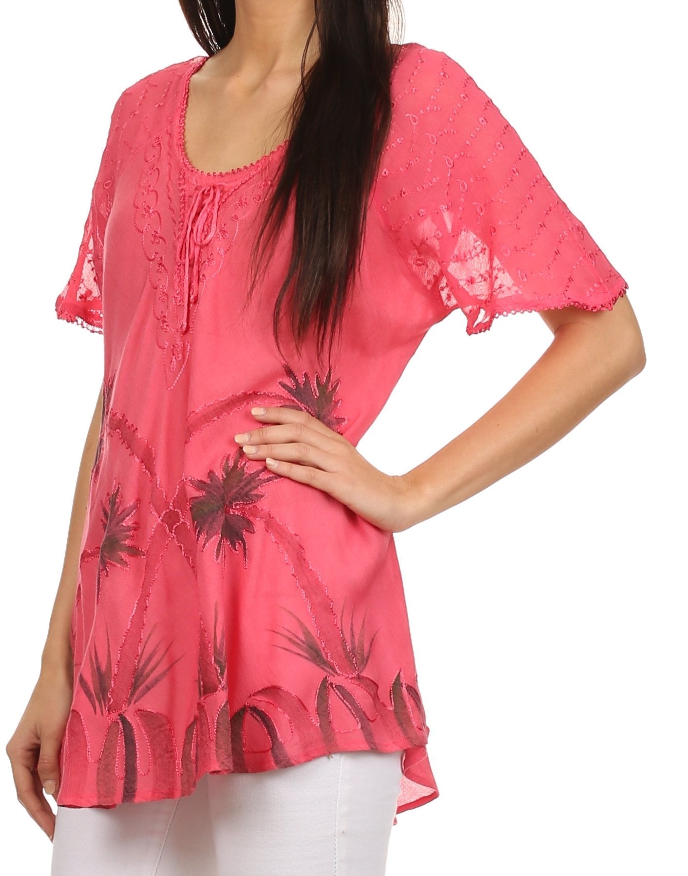 Sakkas Albina Island Blusa / Top con mangas casquillo y bordado de ajuste relajado
