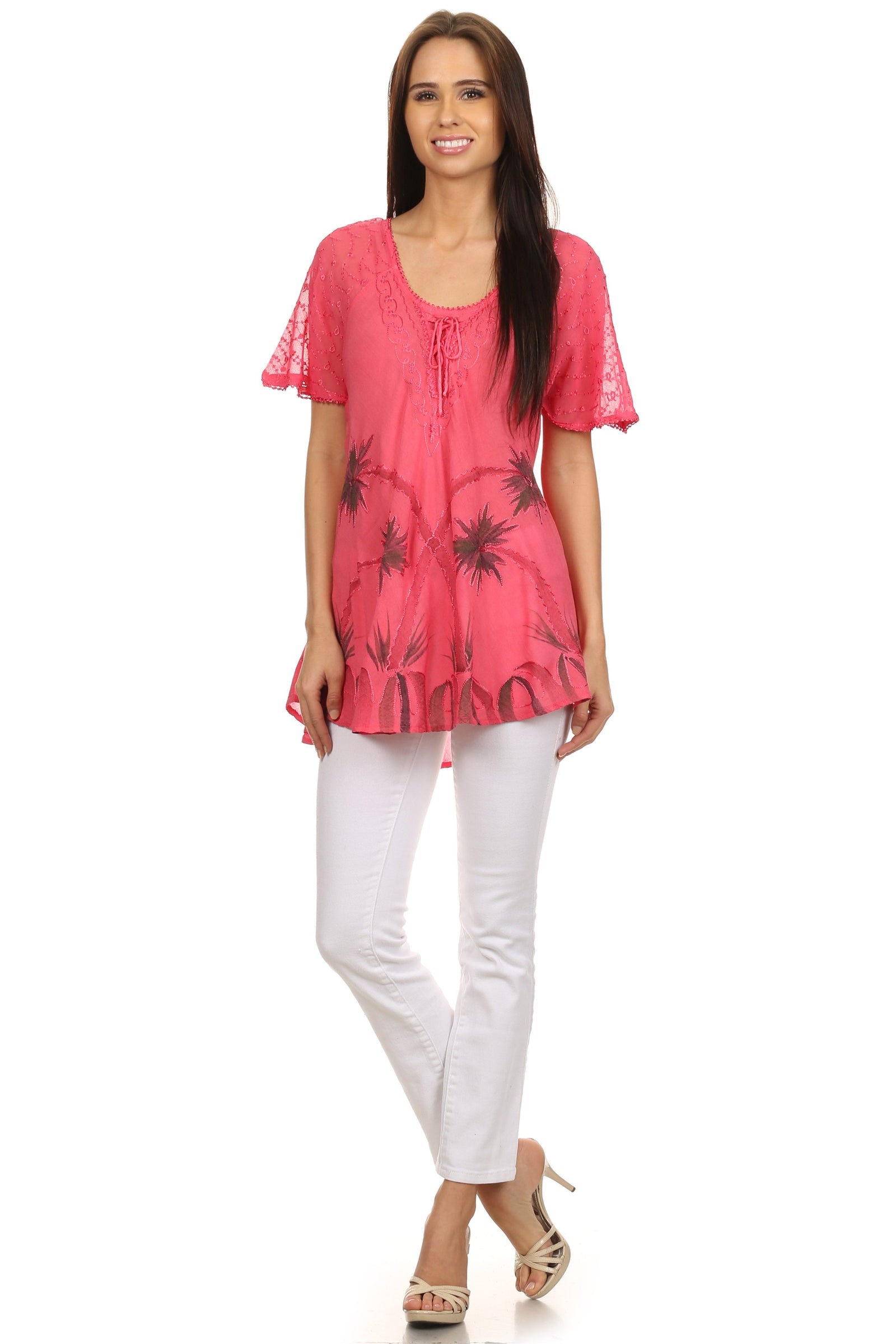 Sakkas Albina Island Blusa / Top con mangas casquillo y bordado de ajuste relajado