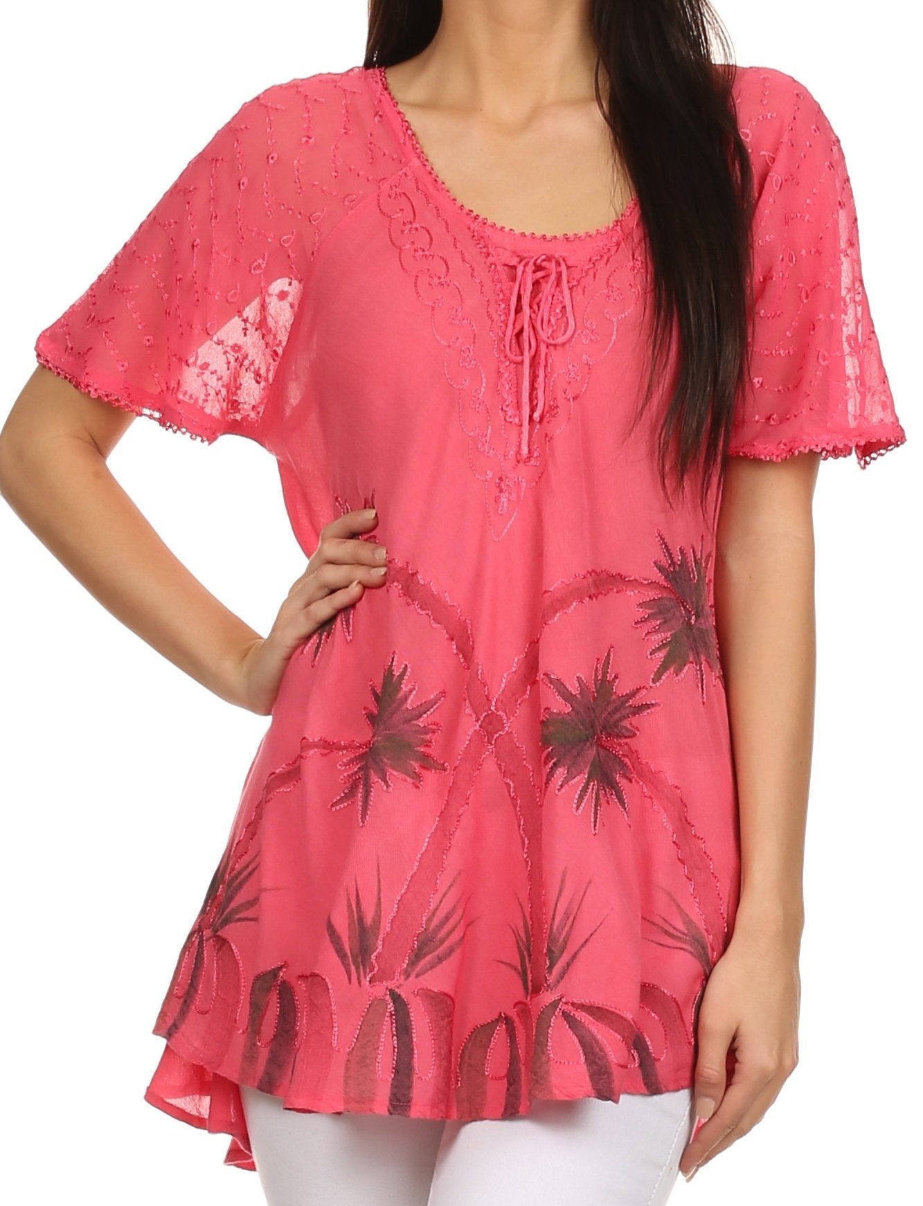 Sakkas Albina Island Blusa / Top con mangas casquillo y bordado de ajuste relajado