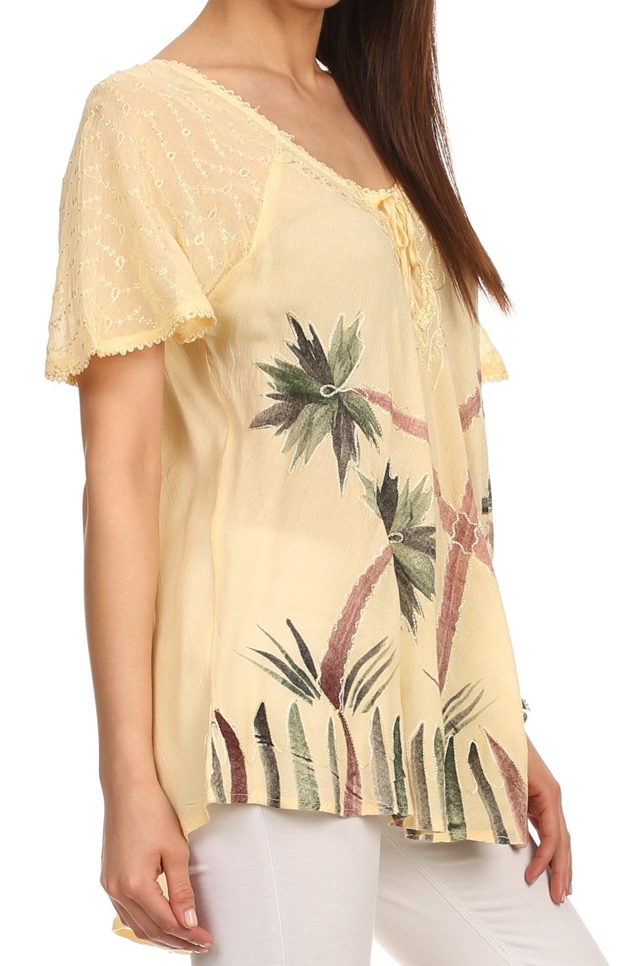 Sakkas Albina Island Blusa / Top con mangas casquillo y bordado de ajuste relajado
