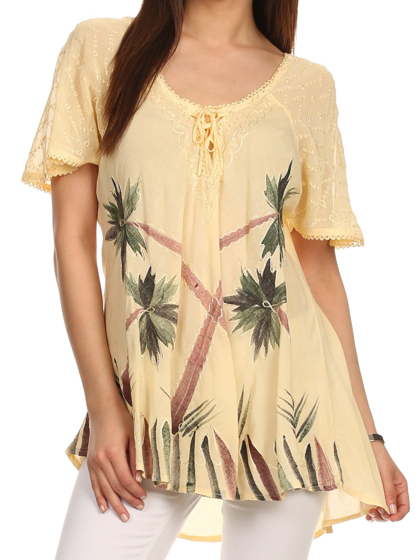 Sakkas Albina Island Blusa / Top con mangas casquillo y bordado de ajuste relajado
