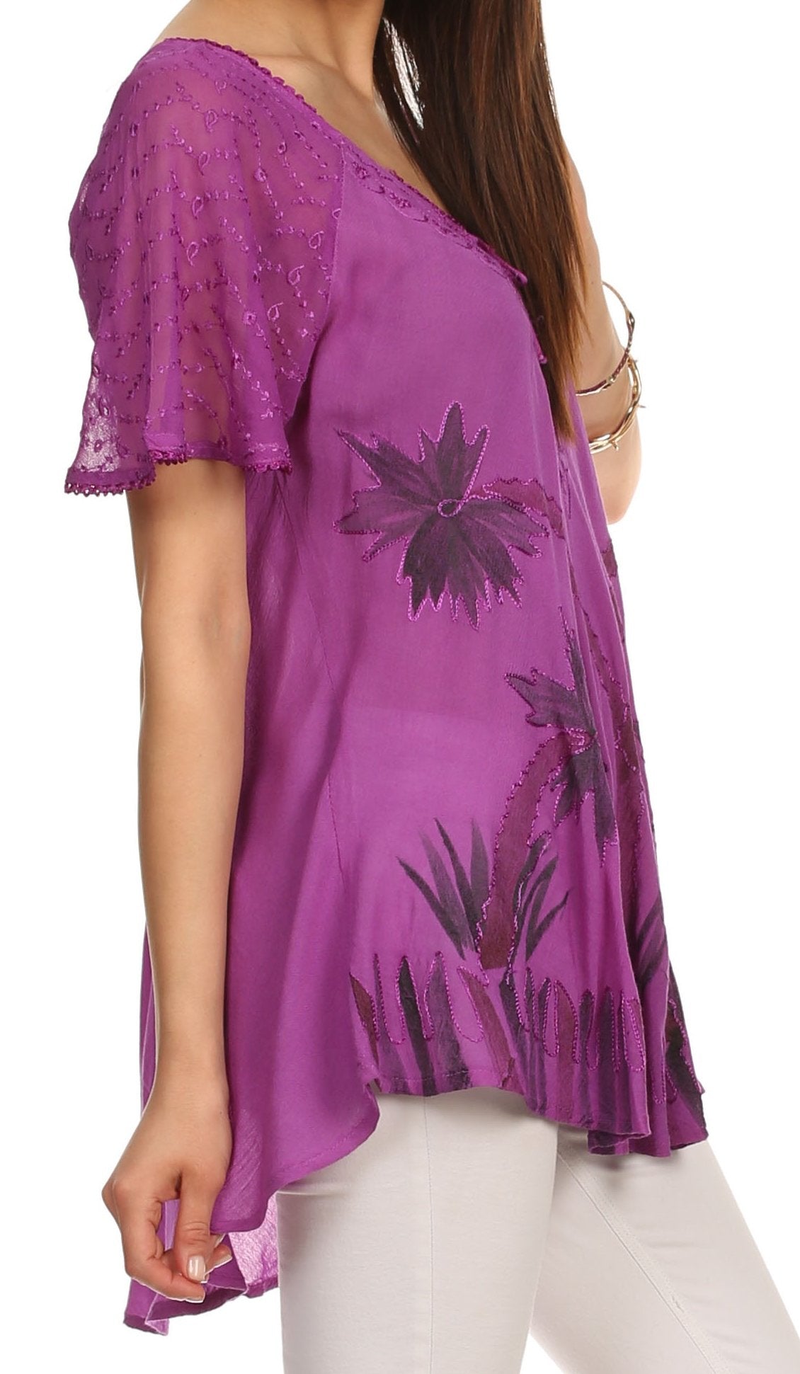 Sakkas Albina Island Blusa / Top con mangas casquillo y bordado de ajuste relajado