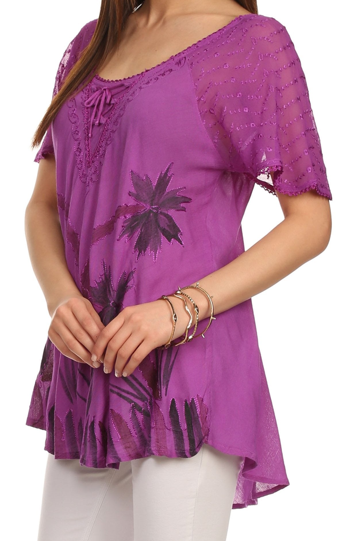 Sakkas Albina Island Blusa / Top con mangas casquillo y bordado de ajuste relajado