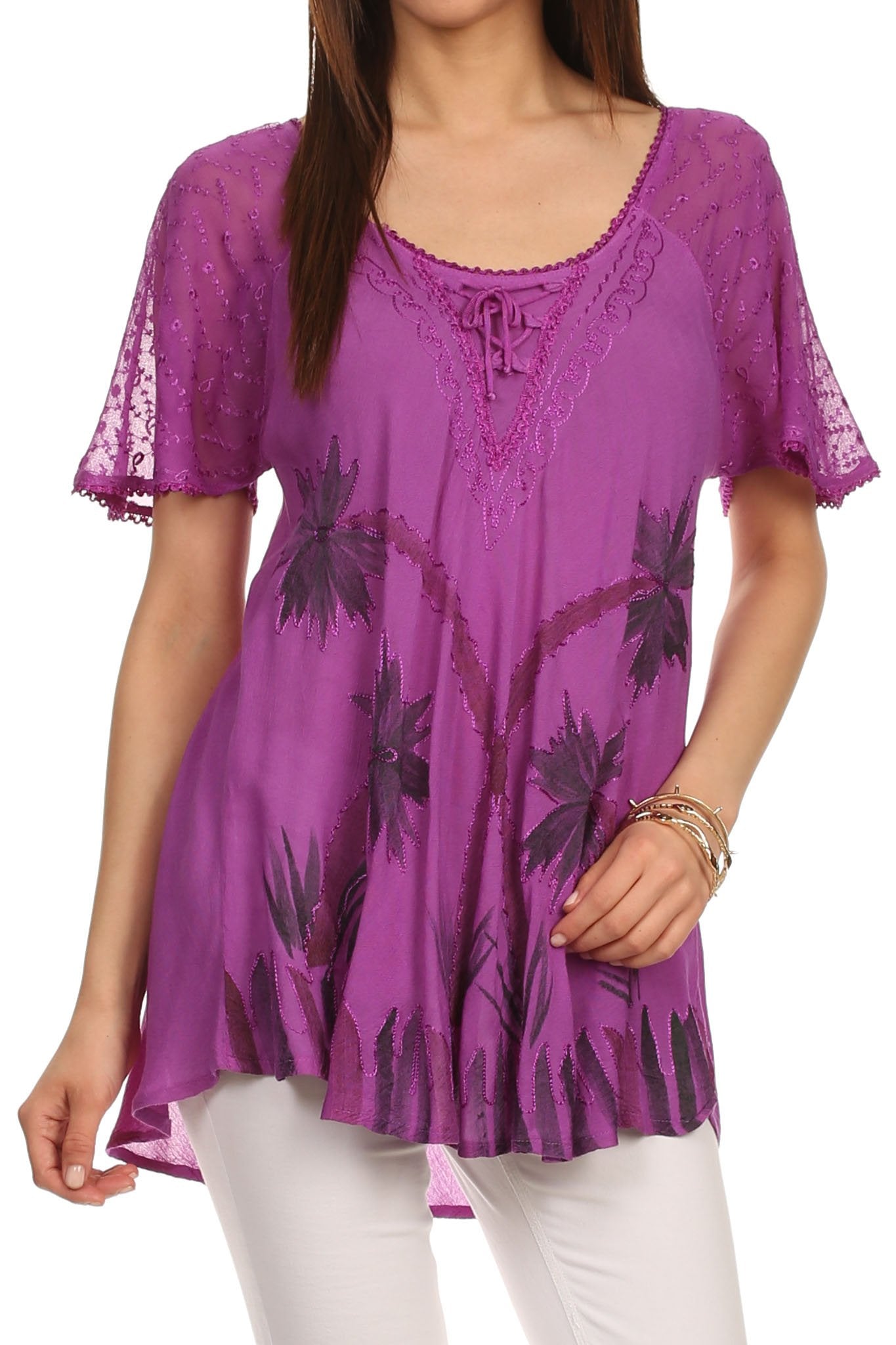 Sakkas Albina Island Blusa / Top con mangas casquillo y bordado de ajuste relajado