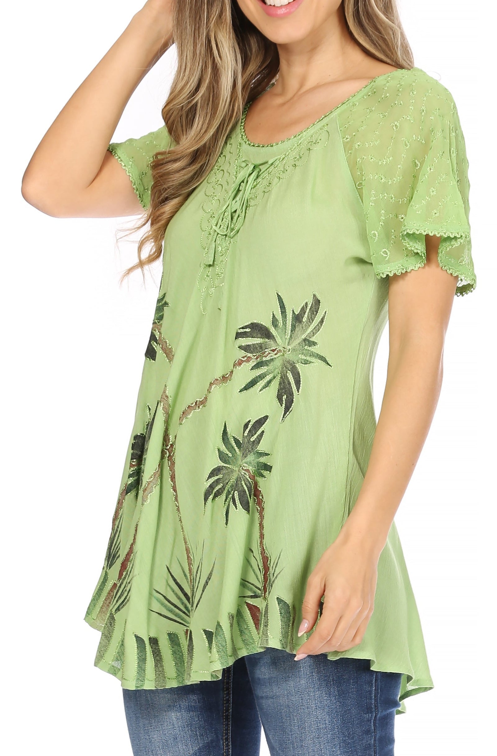 Sakkas Albina Island Blusa / Top con mangas casquillo y bordado de ajuste relajado