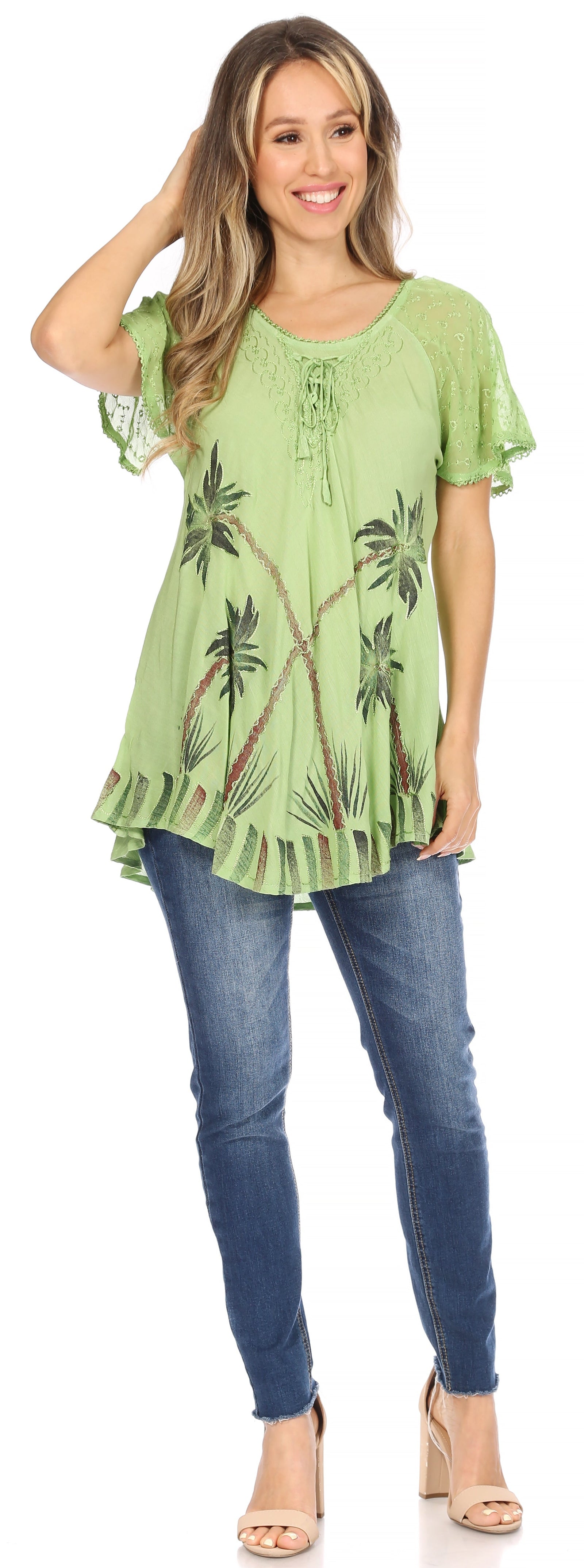 Sakkas Albina Island Blusa / Top con mangas casquillo y bordado de ajuste relajado