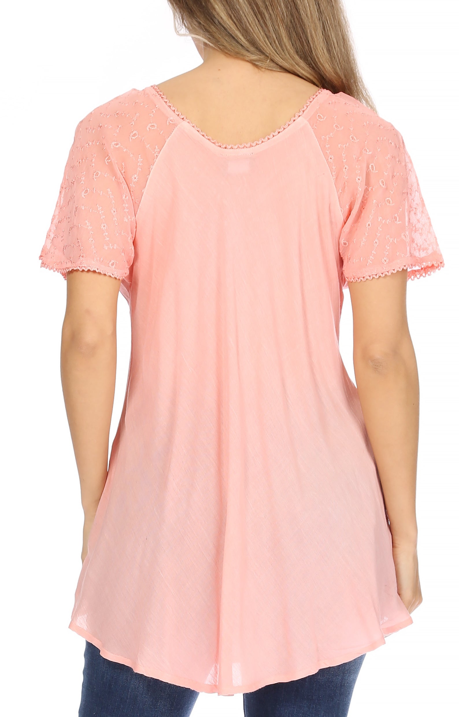 Sakkas Albina Island Blusa / Top con mangas casquillo y bordado de ajuste relajado
