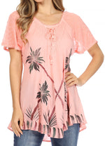 Sakkas Albina Island Blusa / Top con mangas casquillo y bordado de ajuste relajado