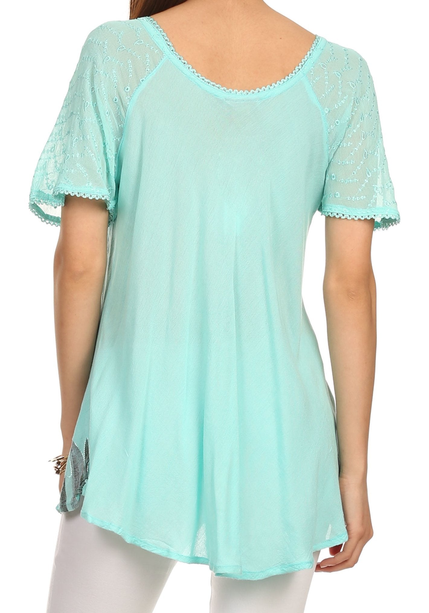 Sakkas Albina Island Blusa / Top con mangas casquillo y bordado de ajuste relajado