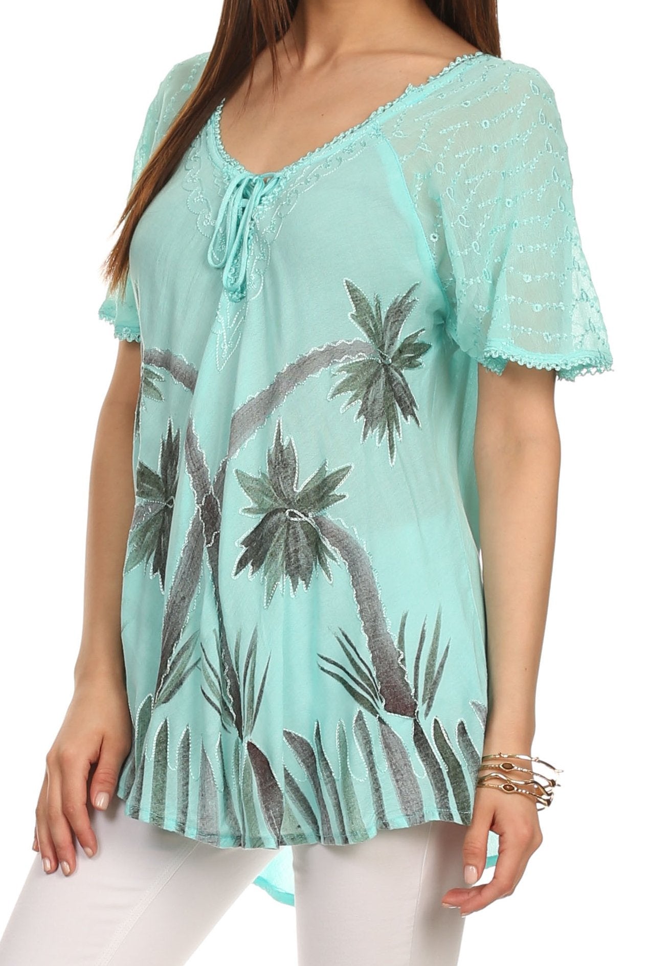 Sakkas Albina Island Blusa / Top con mangas casquillo y bordado de ajuste relajado