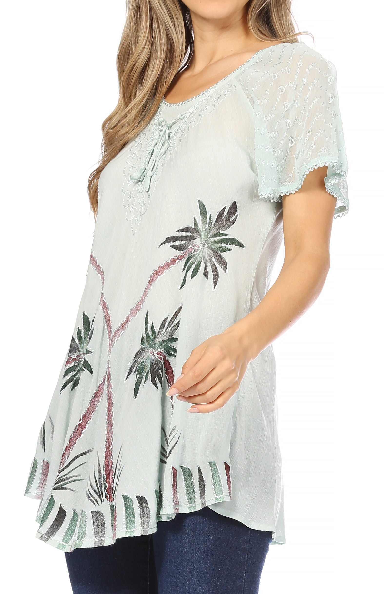 Sakkas Albina Island Blusa / Top con mangas casquillo y bordado de ajuste relajado