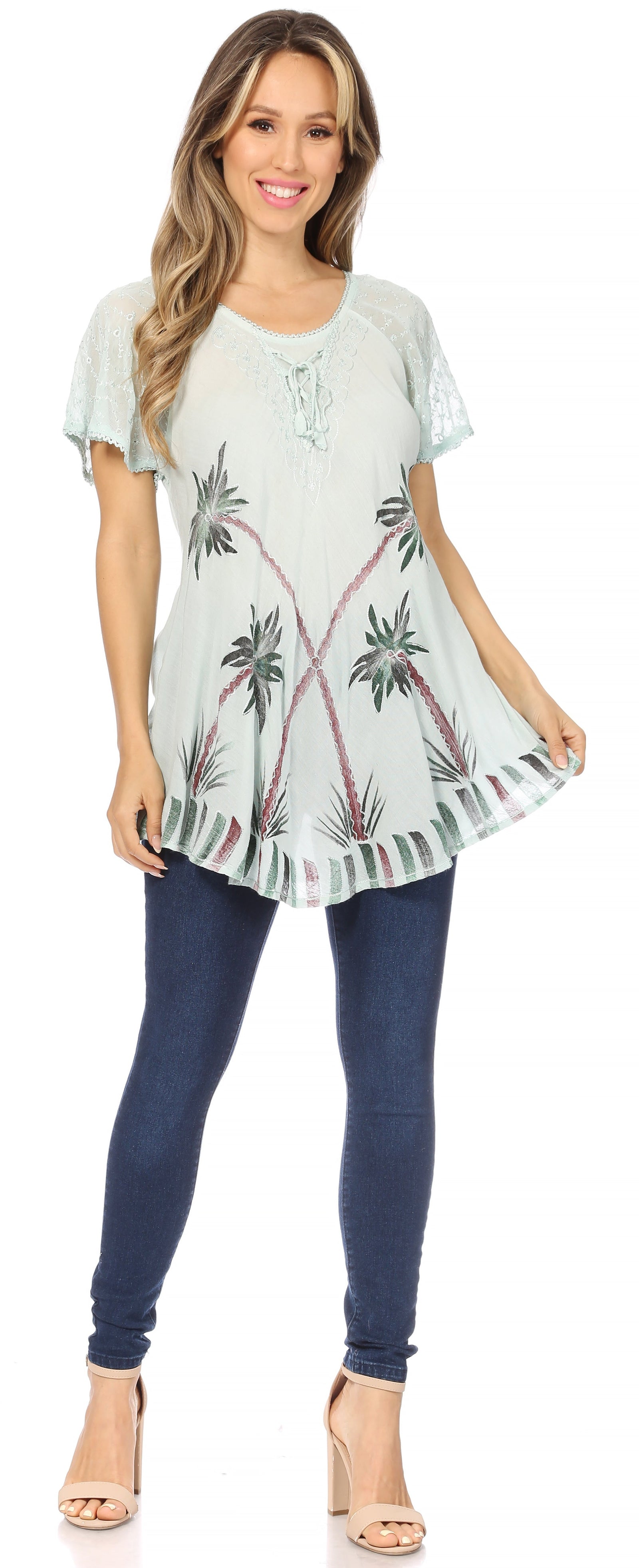 Sakkas Albina Island Blusa / Top con mangas casquillo y bordado de ajuste relajado