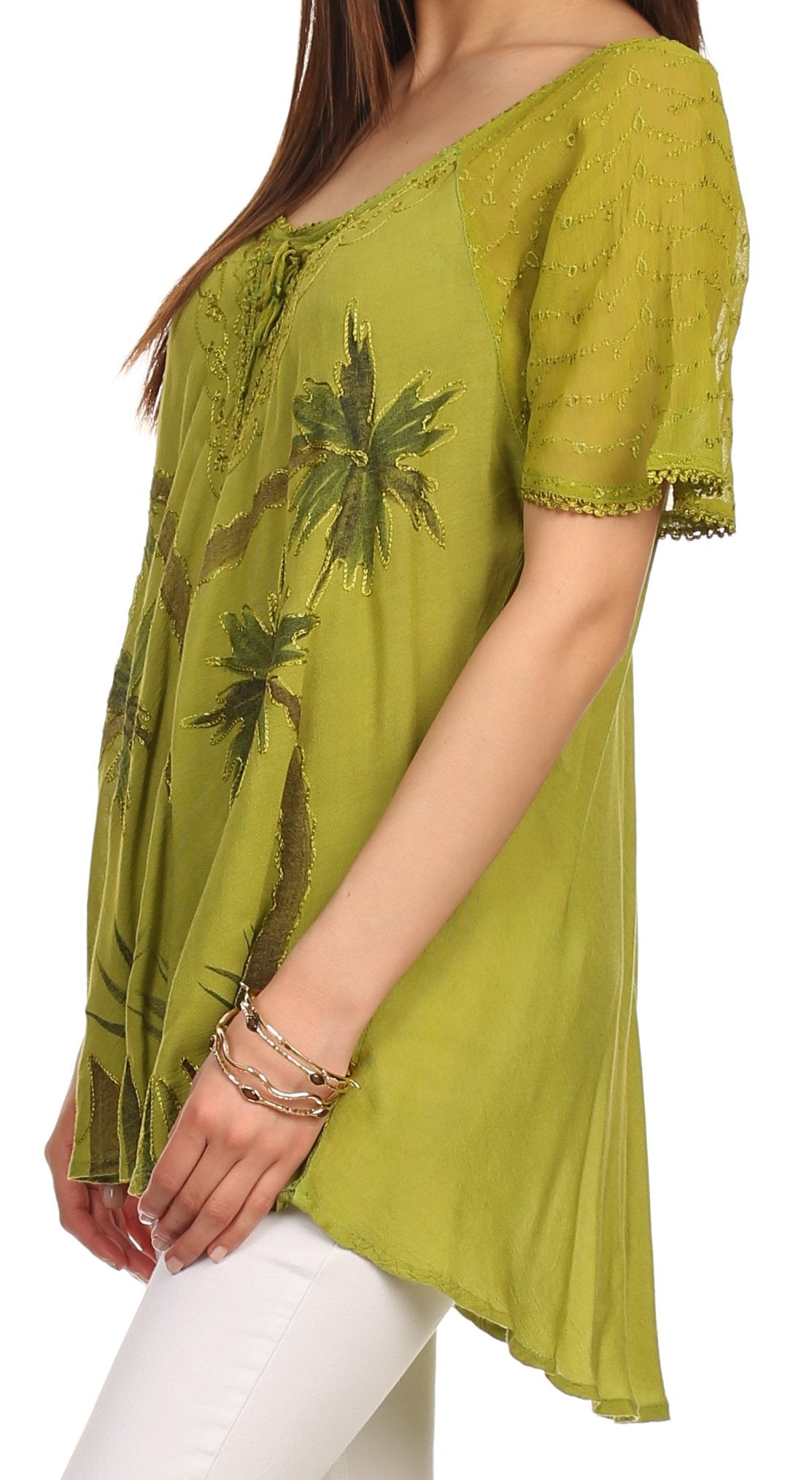 Sakkas Albina Island Blusa / Top con mangas casquillo y bordado de ajuste relajado